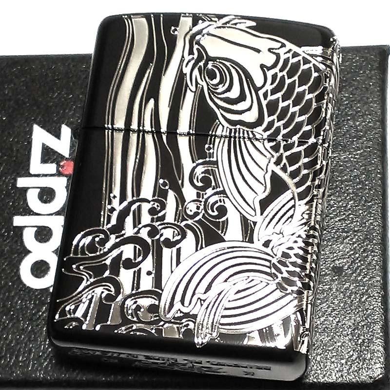 ZIPPO（ジッポー） アーマー 昇鯉 ブラック＆シルバー 二面連続深彫り