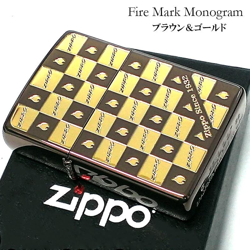 ZIPPO ライター ファイヤーマーク モノグラム ジッポ 車 ブラウン＆ゴールド おしゃれ チェック 可愛い ロゴ メンズ プレゼントの画像