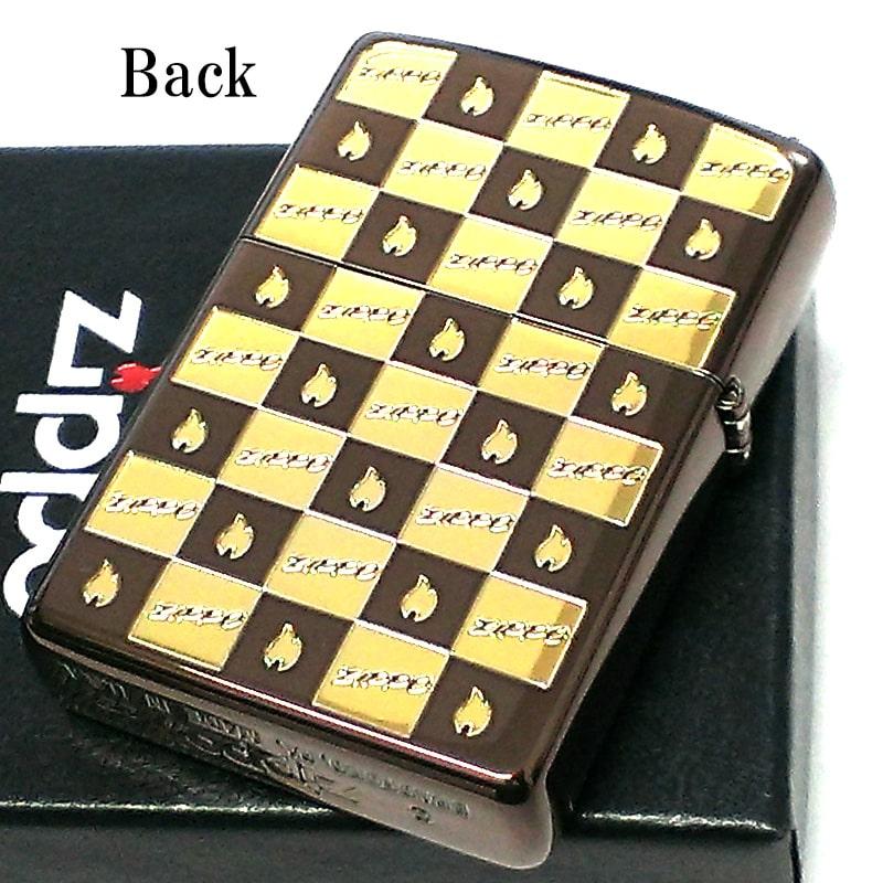 ZIPPO ライター ファイヤーマーク モノグラム ジッポ 車 ブラウン＆ゴールド おしゃれ チェック 可愛い ロゴ メンズ プレゼントの画像