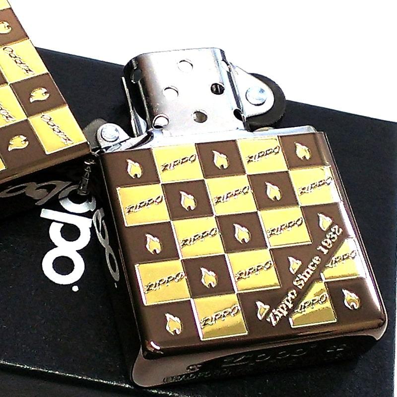 ZIPPO ライター ファイヤーマーク モノグラム ジッポ 車 ブラウン＆ゴールド おしゃれ チェック 可愛い ロゴ メンズ プレゼントの画像