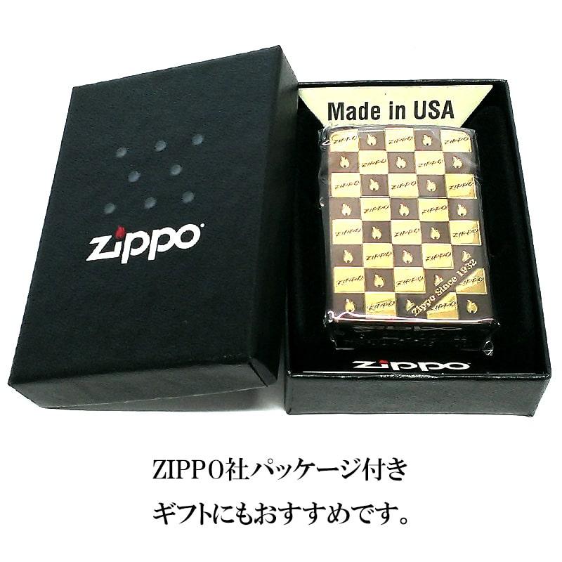 ZIPPO ライター ファイヤーマーク モノグラム ジッポ 車 ブラウン＆ゴールド おしゃれ チェック 可愛い ロゴ メンズ プレゼントの画像
