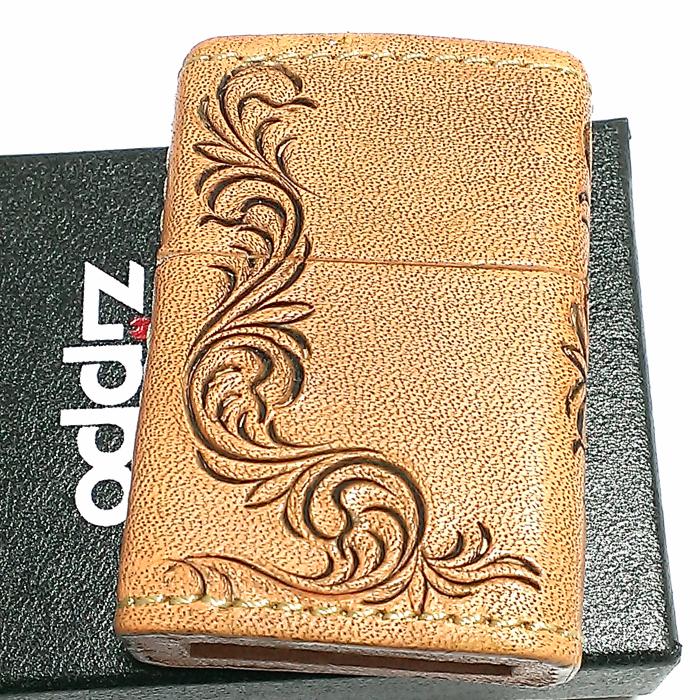 ZIPPO ライター 革巻き ジッポ 唐草 3面彫刻 おしゃれ カオス Leather 