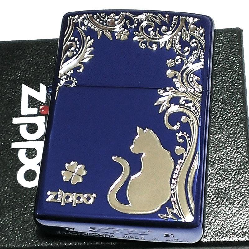 ZIPPO ライター ねこ キャット ジッポ 猫 クローバー 青 ロゴ 四