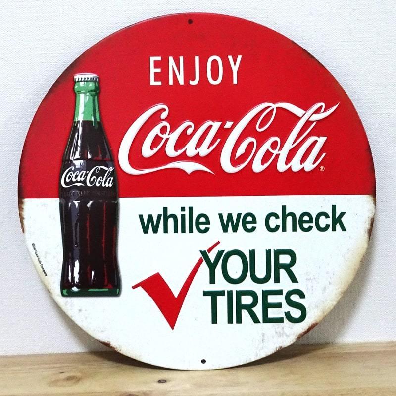 ブリキ看板 コカコーラ ビンテージ エンボスメタルサイン COCA-COLA TIRE CHECK アメリカン ガレージ アンティーク 壁掛け｜hayamipro