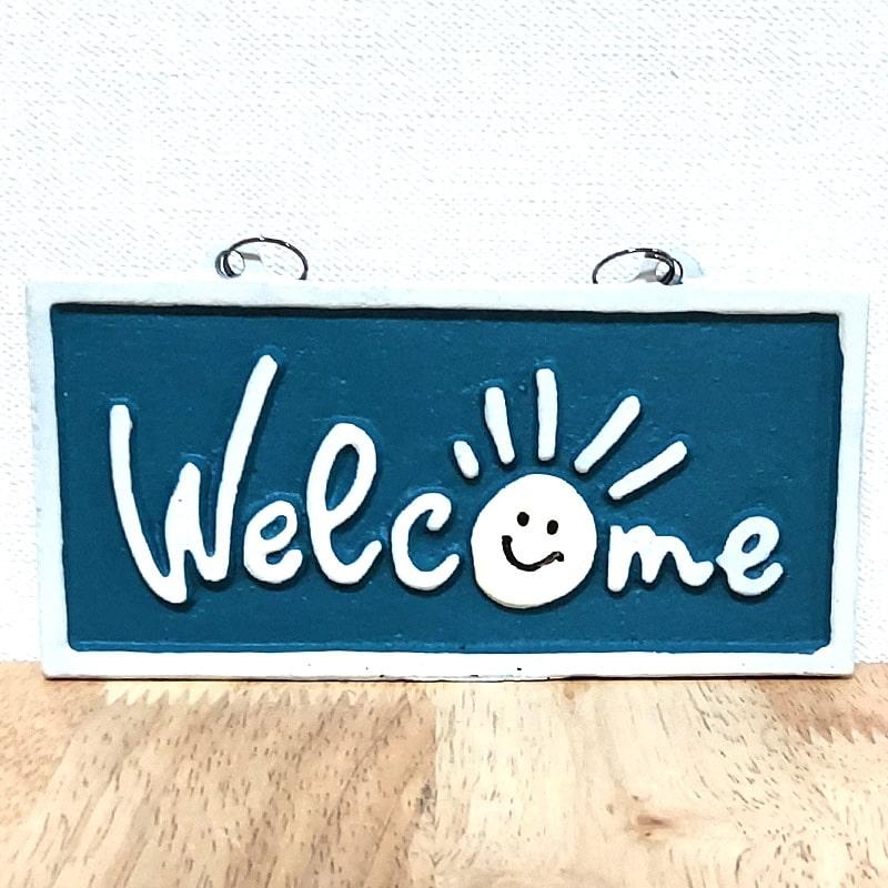 アメリカン レトロ 看板 スマイル WELCOME プレート ブルー