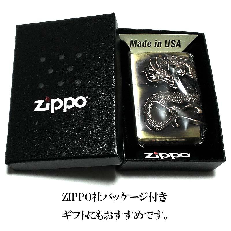 ZIPPO ライター 龍 2面メタル スワロフスキー ドラゴン ジッポ 和柄 大型メタル ブラス アンティークゴールド 竜