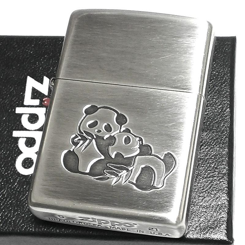 ZIPPO ライター パンダ 双子 かわいい ジッポ 可愛い シルバー 中国 イブシ仕上げ レディース メンズ ギフト プレゼントの画像