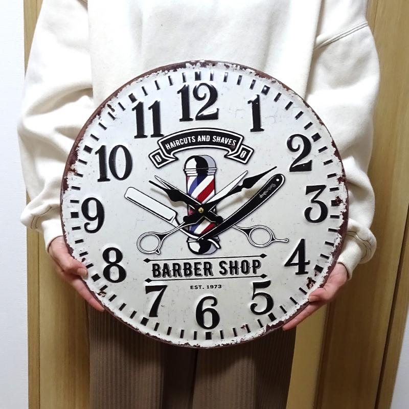 掛時計 Antique Emboss Clock ”BARBER SHOP EST.1973” ビンテージ 鉄製