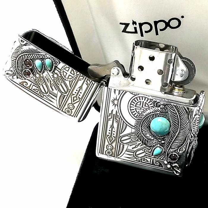 ZIPPO インディアンスピリット フェザー ライター おしゃれ ターコイズ 三面メタル 天然石 ジッポ かっこいい ガーネット シルバー メンズ