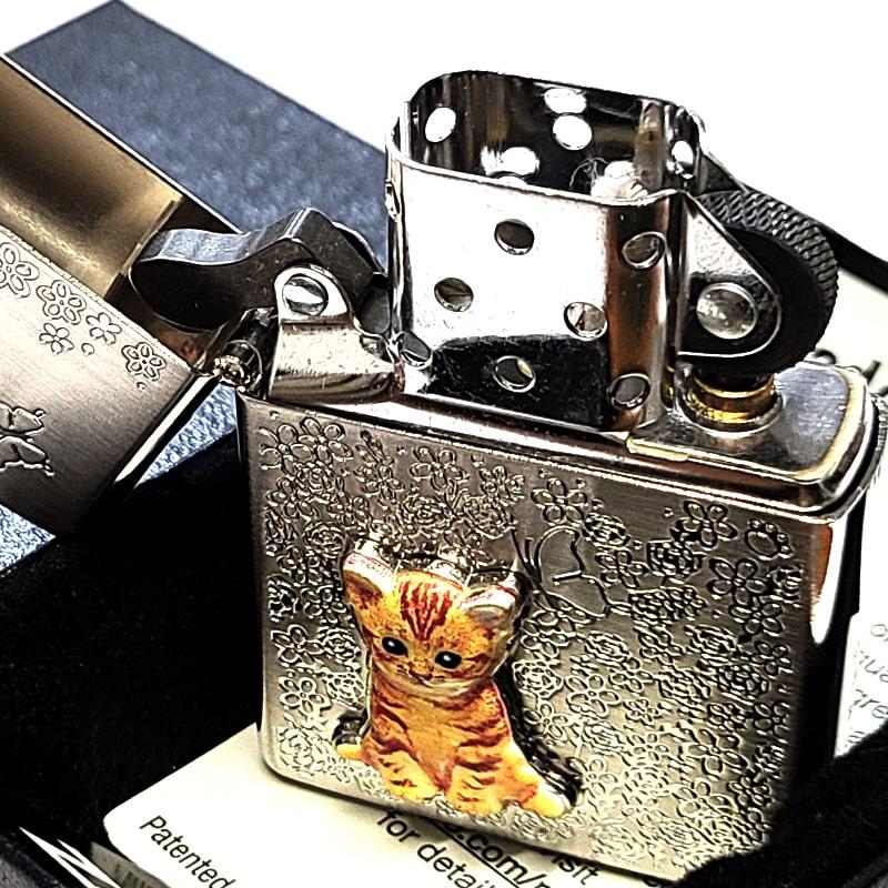 ZIPPO メタル 猫 かわいい ジッポ ライター 花柄 ねこ ブラウン