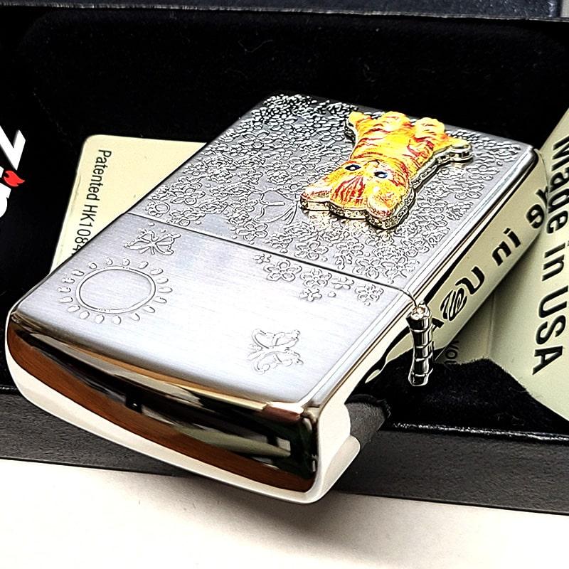 ZIPPO メタル 猫 かわいい ジッポ ライター 花柄 ねこ ブラウン