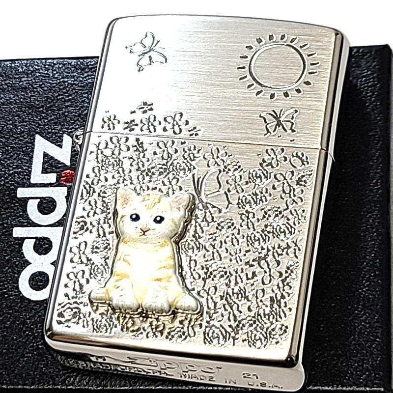 ZIPPO（ジッポー） ライター ネコ メタル 花柄 ジッポ 猫 ホワイト 