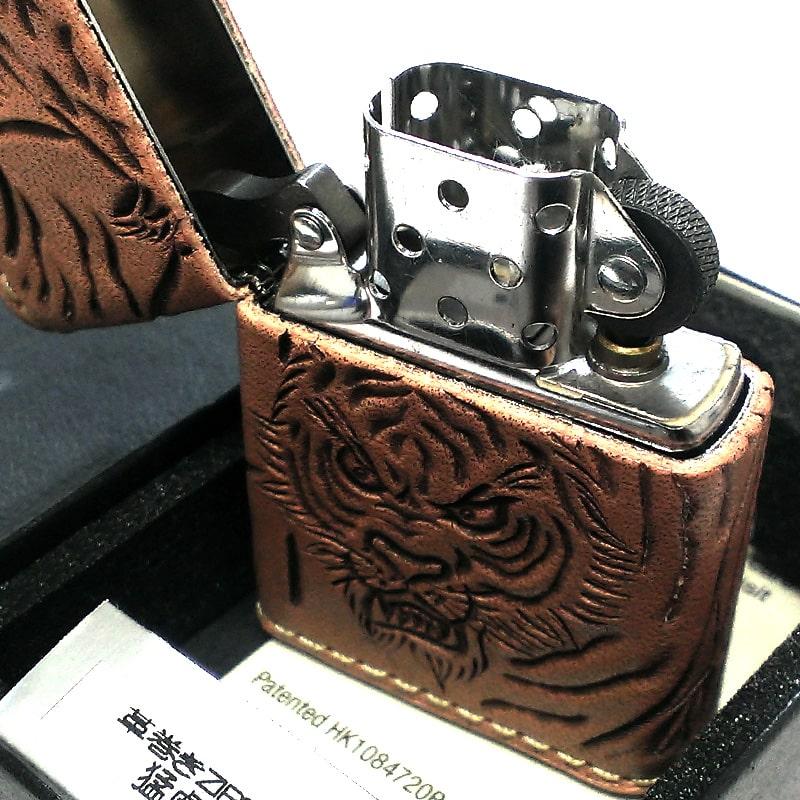 手彫りジャコランタン　トラ ZIPPO 本革巻き ジッポ ライター カオス 猛虎 トラ 手彫り