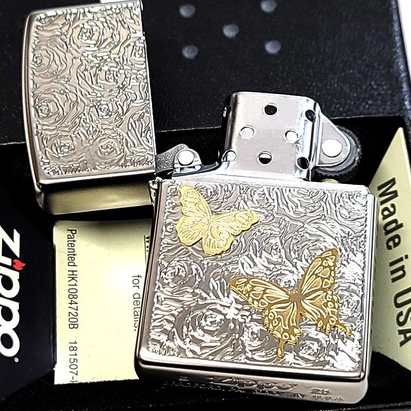 ZIPPO（ジッポー） ライター 蝶と薔薇 ジッポ 可愛い ホワイトニッケル