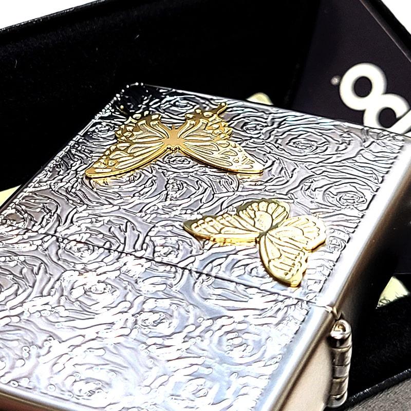ZIPPO（ジッポー） ライター 蝶と薔薇 ジッポ 可愛い ホワイトニッケル