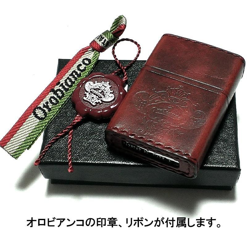 ZIPPO ライター ブランド ジッポ オロビアンコ ダメージ レッド かっこいい Orobinco 本牛革巻きレザー 皮 型押し ロゴ イタリア