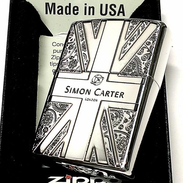 ZIPPO サイモンカーター ジッポ おしゃれ ライター ユニオンジャック＆ペイズリー シルバー 銀いぶし 彫刻 かっこいい メンズ プレゼント