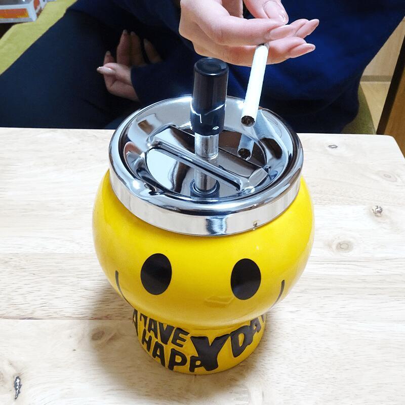 卓上灰皿 アンティークスマイル ターンアシュトレイ プッシュ式 蓋つき