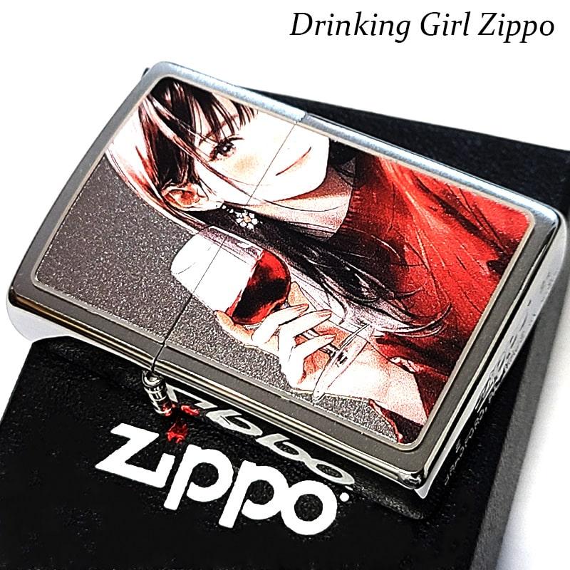 ZIPPO おしゃれ お酒 ワイン Drinking Girl ジッポ ライター シルバーサテン 女性 セクシー ドリンキング ガール 銀 メンズ ギフトの画像