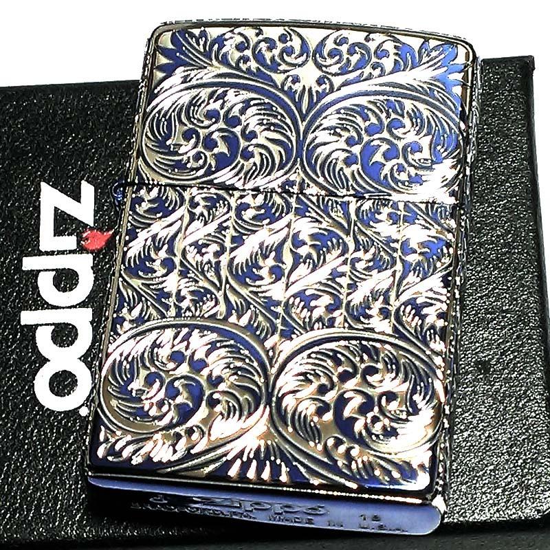 ZIPPO ジッポー ブラックシェル アラベスクラインS シルバー 青 Zippo ジッポー シェル 貝 インレイ 象嵌 ストライプ
