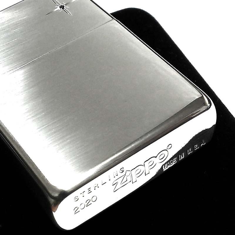 ZIPPO 純銀 スターリングシルバー 天然ブラックダイヤ ジッポ ライター ダイヤモンド かっこいい 鏡面 ポリッシュ 銀無垢 シンプル