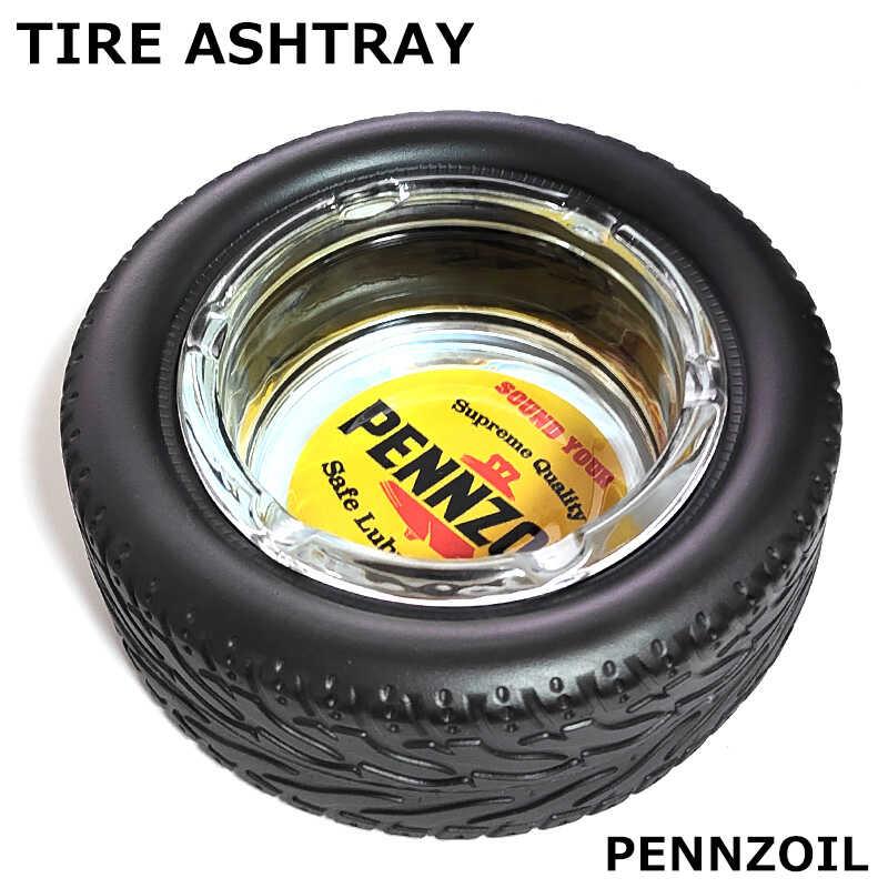 レトロモダン 昭和 ビンテージ 綺麗な灰皿＆タバコケース。 タイヤ 灰皿 ガラス製 PENNZOIL アッシュトレイ 卓上 小物入れ