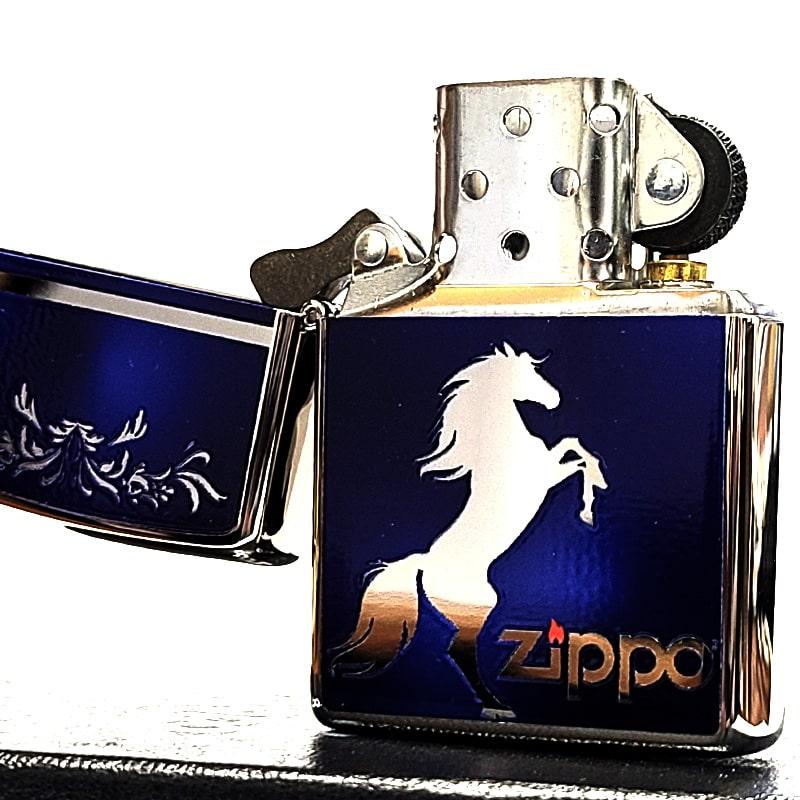 Zippo Armor™ Case 馬の彫刻付き ZIPPO チタンホース 馬 シルバー＆ブルーマーブル ジッポ