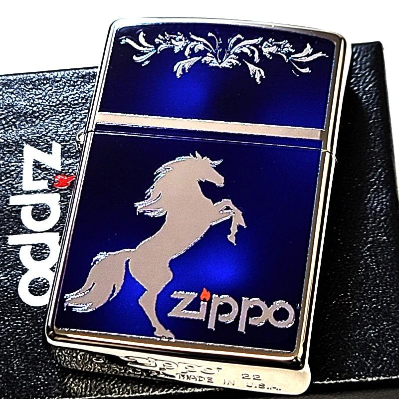 Zippo Armor™ Case 馬の彫刻付き ZIPPO チタンホース 馬 シルバー＆ブルーマーブル ジッポ