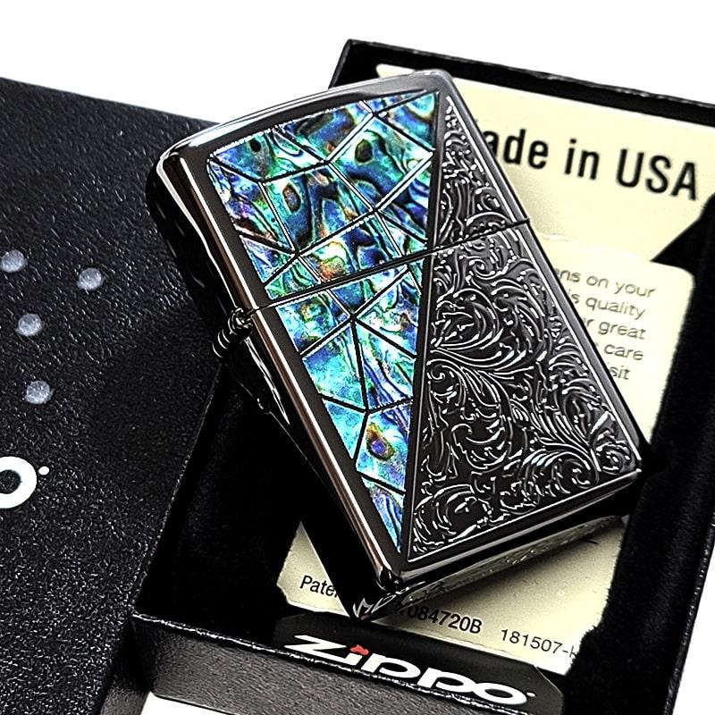ZIPPO（ジッポー） アラベスク シェル模様 トライアングル ジッポ ライター ブラックニッケル グリーン 彫刻 黒 かっこいい プレゼント ...