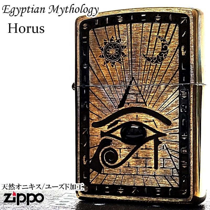 ZIPPO エジプト神話 ホルス アンティーク ブラス ジッポ ライター 両面加工 ユーズド加工 天然石 オニキス 象形文字 かっこいい 渋いの画像