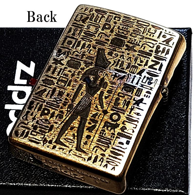 ZIPPO エジプト神話 ホルス アンティーク ブラス ジッポ ライター 両面加工 ユーズド加工 天然石 オニキス 象形文字 かっこいい 渋いの画像