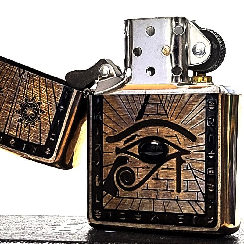ZIPPO エジプト神話 ホルス アンティーク ブラス ジッポ ライター 両面加工 ユーズド加工 天然石 オニキス 象形文字 かっこいい 渋いの画像