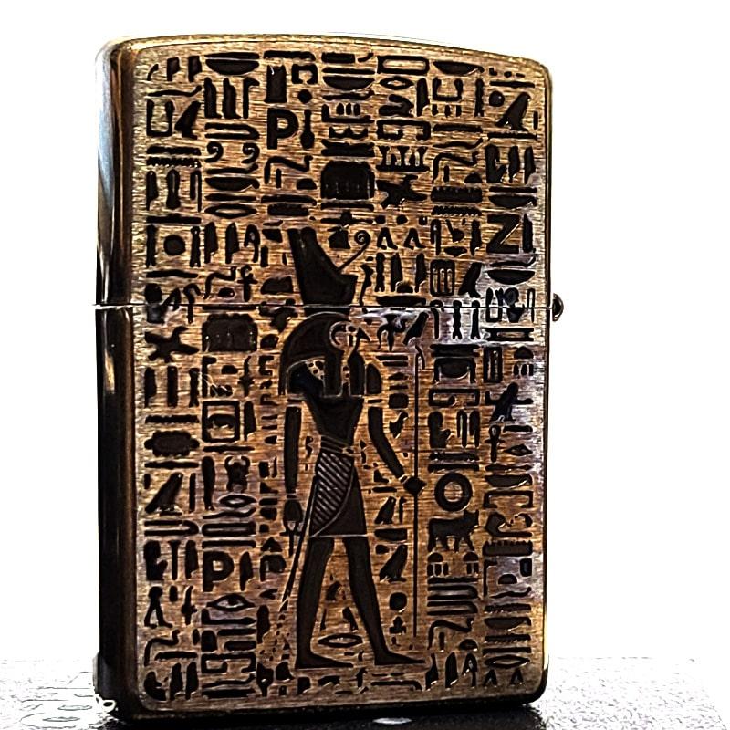 ZIPPO エジプト神話 ホルス アンティーク ブラス ジッポ ライター 両面加工 ユーズド加工 天然石 オニキス 象形文字 かっこいい 渋いの画像