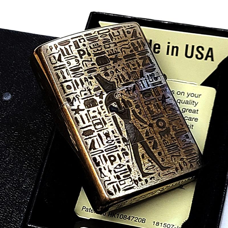 ZIPPO エジプト神話 ホルス アンティーク ブラス ジッポ ライター 両面加工 ユーズド加工 天然石 オニキス 象形文字 かっこいい 渋いの画像
