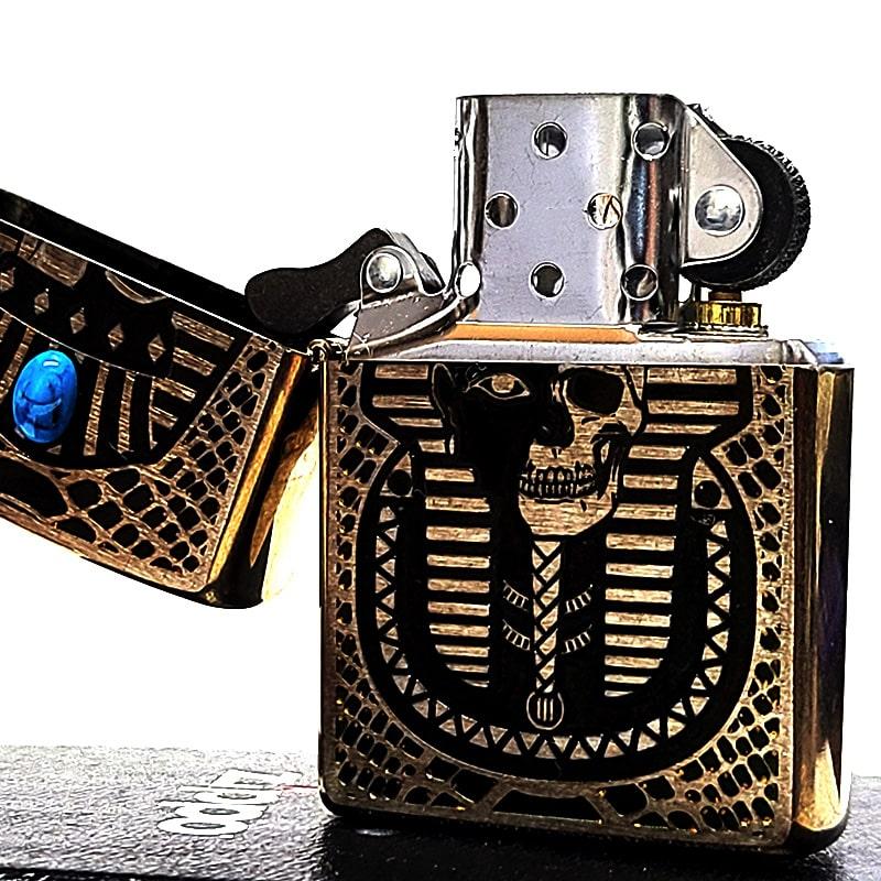 ZIPPO ライター ファラオ エジプト神話 ユーズド加工 ジッポ ターコイズ 天然石 アンティーク ブラス おしゃれ 両面加工 象形文字 彫刻の画像