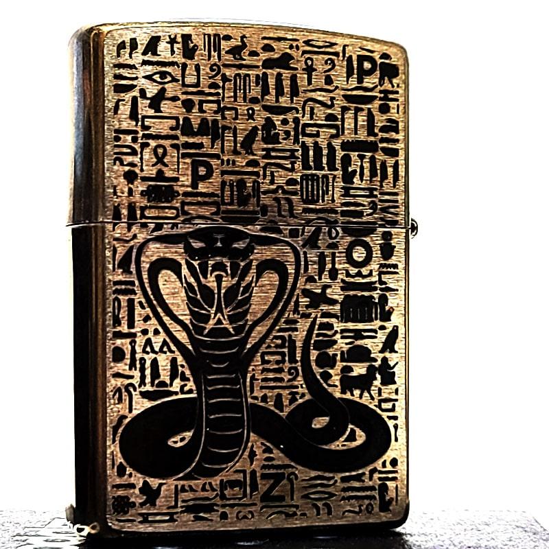 ZIPPO ライター ファラオ エジプト神話 ユーズド加工 ジッポ ターコイズ 天然石 アンティーク ブラス おしゃれ 両面加工 象形文字 彫刻の画像