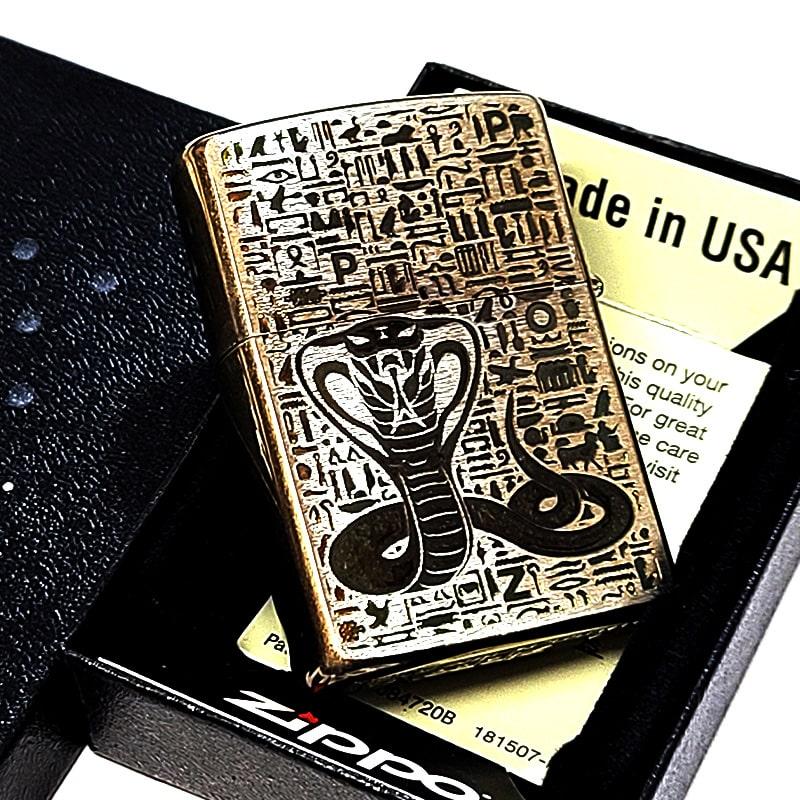 ZIPPO ライター ファラオ エジプト神話 ユーズド加工 ジッポ ターコイズ 天然石 アンティーク ブラス おしゃれ 両面加工 象形文字 彫刻の画像