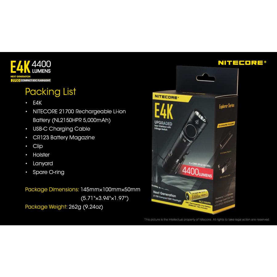 Nitecore E4K ハンディライト 4400ルーメン USB-C充電式 バッテリー