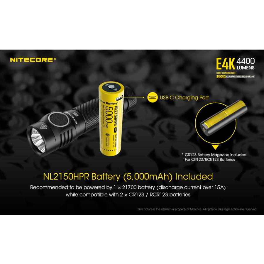Nitecore E4K ハンディライト 4400ルーメン USB-C充電式 バッテリー