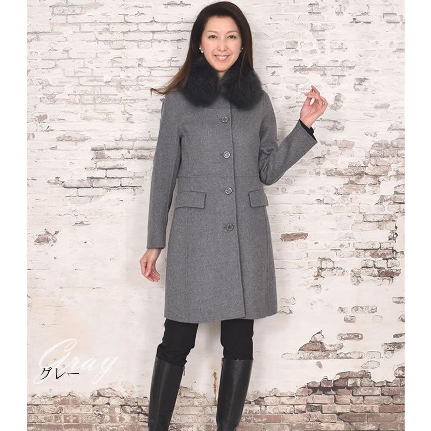 カシミヤ カシミア 混紡 ダブルフェイス コート フォックス トリム