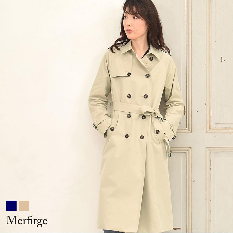 Merfirge トレンチコート 弱撥水加工 綿混 ロングコート 裏地 Merfirge トレンチコート 弱撥水加工 綿混 ロングコート 裏地