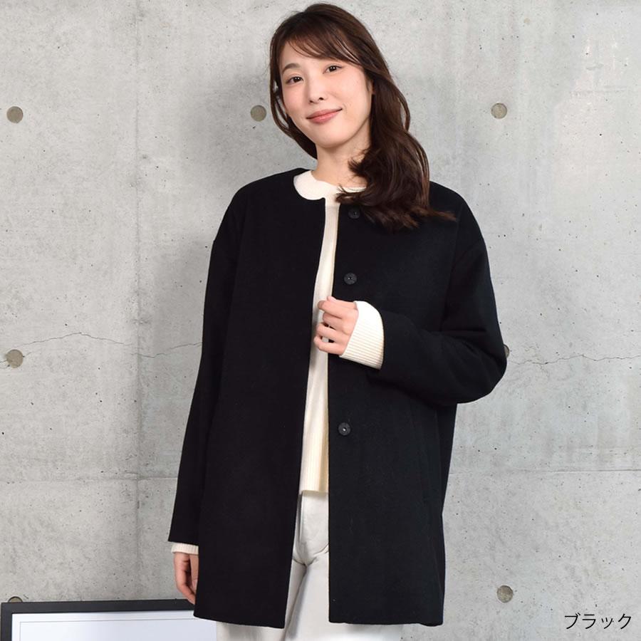 ノーカラーコート ウールコート ウール100% ロングコート ドロップショルダー アウター レディース ミセス プレゼント 秋 冬 通勤 (wo2570)の画像