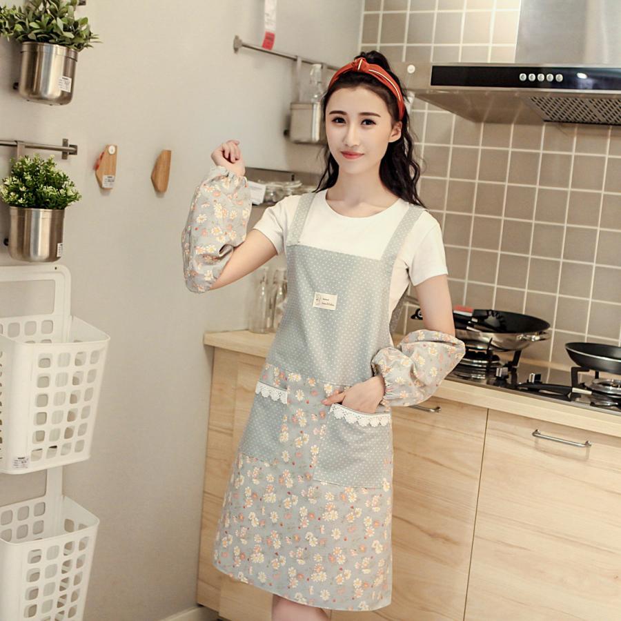 ポケット付き女性エプロン 可愛い花柄 防水裏生地 二重構造 キッチン