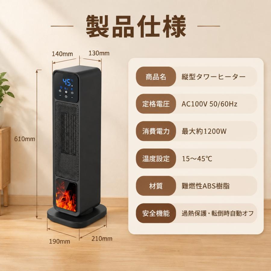 セラミックヒーター 縦型タワーヒーター 冷暖房 15〜45℃温度調節