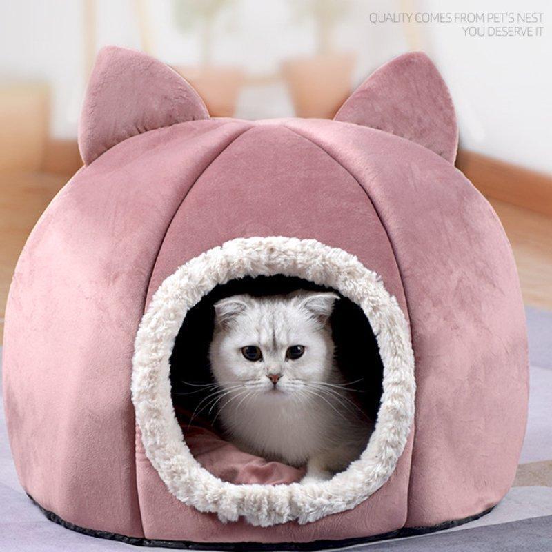 キャットハウス ドーム型 ネコ耳付 ペットベッド ドーム 猫用ベッド ペットハウス ネコ ねこ :xy951183777522:林商会 通販 ペットベッド ドーム型 猫の顔 立体的な耳 中敷きクッション付きj