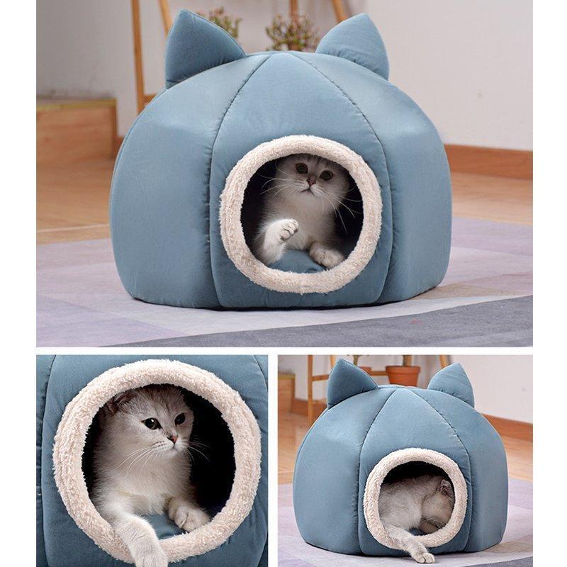 キャットハウス ドーム型 ネコ耳付 ペットベッド ドーム 猫用ベッド ペットハウス ネコ ねこ :xy951183777522:林商会 通販 ペットベッド ドーム型 猫の顔 立体的な耳 中敷きクッション付きj