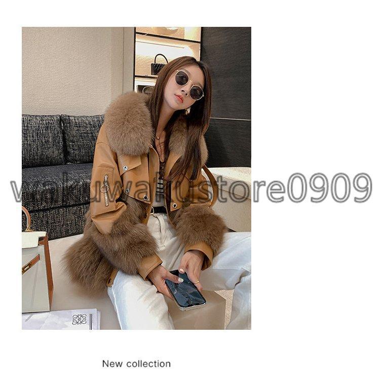 レディース ダウンコート ラムレザーコート コート 毛皮コート ロングコート アウター 冬服 冬コーデ フォックスファー付き リアルファー 着痩せ効果の画像