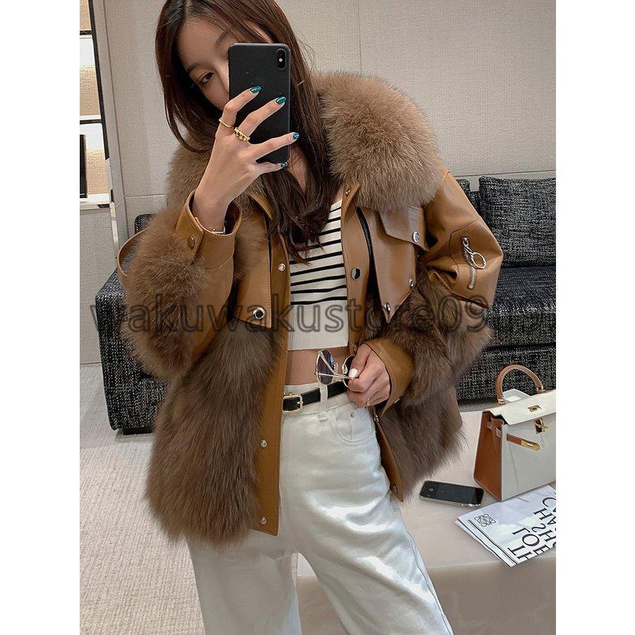 レディース ダウンコート ラムレザーコート コート 毛皮コート ロングコート アウター 冬服 冬コーデ フォックスファー付き リアルファー 着痩せ効果の画像