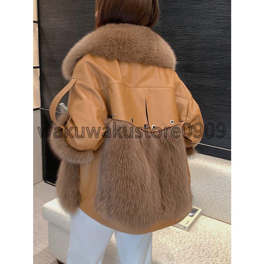 レディース ダウンコート ラムレザーコート コート 毛皮コート ロングコート アウター 冬服 冬コーデ フォックスファー付き リアルファー 着痩せ効果の画像
