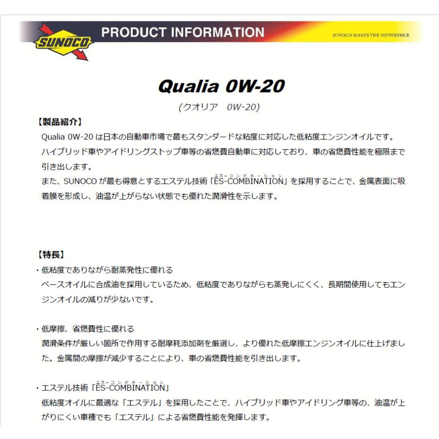 SUNOCO スノコ エンジンオイル QUALIA クオリア 0W-20 SP GF-6A 20L[ガソリンエンジン 省燃費性能オイル エステル配合 SYNTHETIC](ポイント利用)